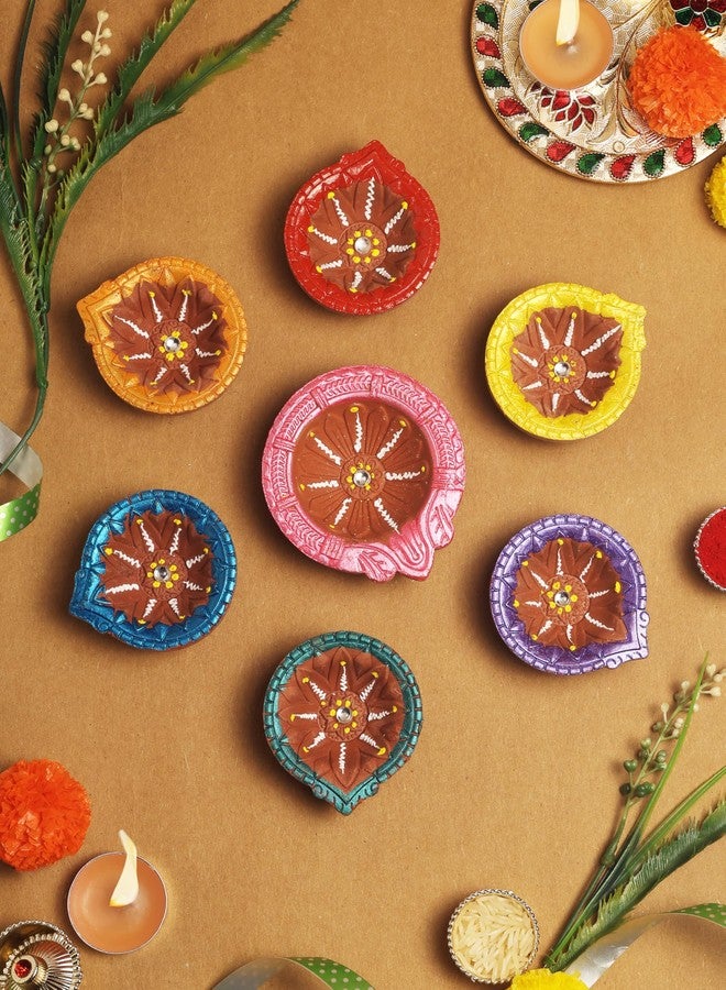 TrendBell TRBD7-05 Handmade Multicolor Clay Diya Set of 7 for Navratri & Diwali Decorations Tea Light Holder Indian Festival Decor - Image 5
